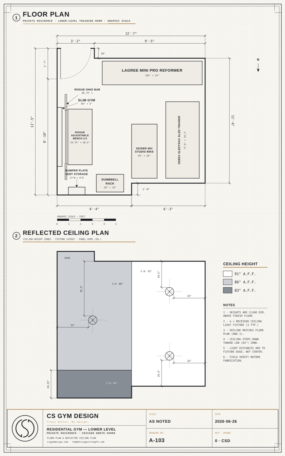 CS Gym Design architectural schematic: floor plan and reflected ceiling plan for a private residence gym